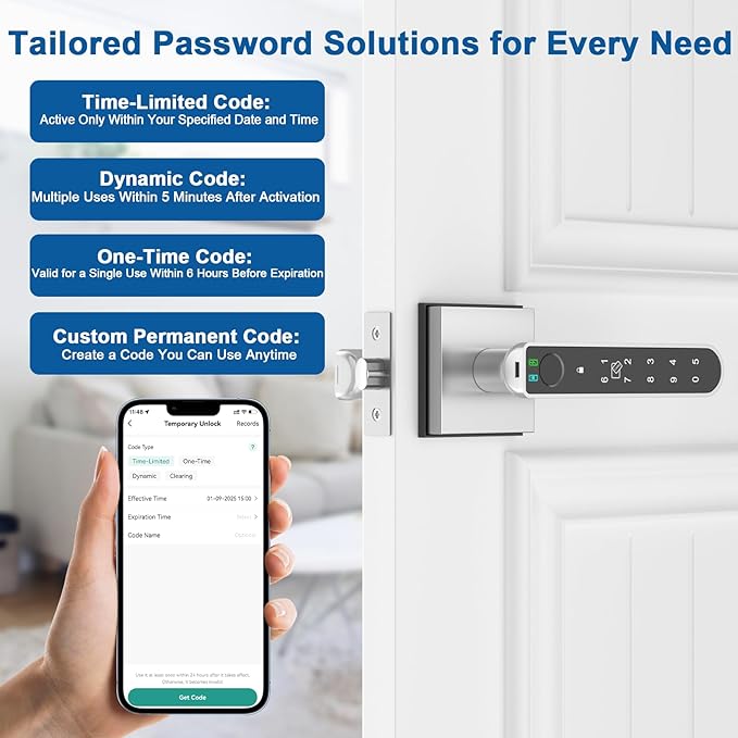 BIWIBON Fingerprint Door Lock, 5 in 1 Finger Print Door Knob with Smart APP/Fingerprint/IC Cards/Password/Backup Keys, Smart Door Knob with Keypad for Bedroom, Office, Apartment, Square Silver