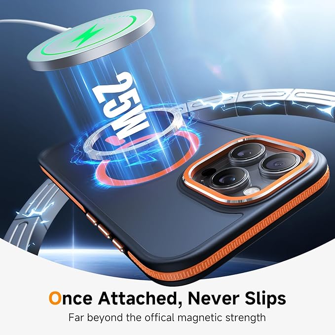 Magnetic 3 in 1 for iPhone 15 Pro Case, [Omni-Directional Protection] with 1x Screen Protector + 1x Camera Cover, [Seamless Work with Magsafe] Protective Silm Case for iPhone 15 Pro Cosmic Orange