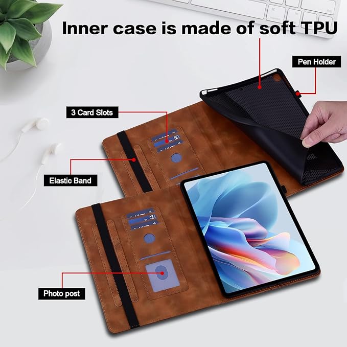 Case for iPad (A16) 11th Generation 11 Inch (2025), iPad 10th Generation 10.9 Inch (2022), Embossed PU Leather Case with Elastic Band, Pencil Holder & Card Slots - Brown