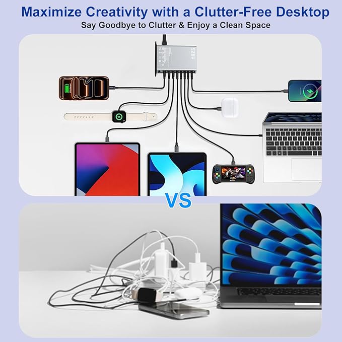 520W USB C Charger Station, 8-Port (4C+4A) GaN Fast Charger Block, 100W PD PPS for MacBook/iPad/iPhone, with PFC & Anti-Slip Base, Ventilation Design, Include 1.5M 100W Cable & Cable Organizer