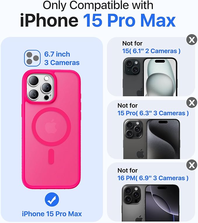 Magnetic for iPhone 15 Pro Max Case, [Compatible with MagSafe][Military-Grade Drop Protection][Anti-Yellowing] Shockproof Translucent Matte Cover for iPhone 15 Pro Max Phone Case,Hot Pink