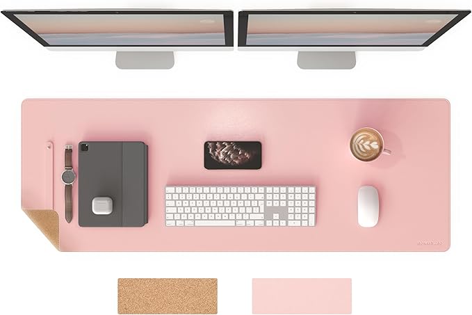 RENMTURE Dual-Sided Mouse Pad, Natural Cork & PU Leather Large Desk Pad for Office and Home Work, Desk Protector Non-Slip, Waterproof, Easy Clean (Pink, 47"x17")
