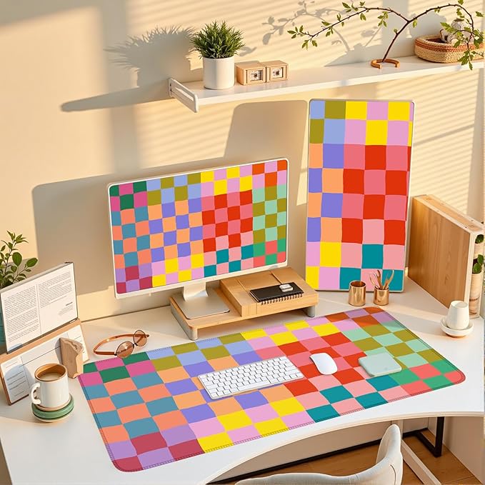 Checkered Desk Mat Retro Cute Mouse Pad XXL Large Mouse Pad, Desk Matt for Desktop Keyboard Pad Mouse Mat Computer Decor with Stitched Edges 31.5 X 15.7In