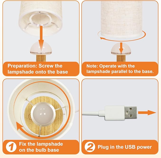 Small Touch Table Lamps Set of 2 with Stepless Dimming&USB Plug, Natural Round Wood Base & Linen Fabric Shade |Soft Ambient Night Light |Minimalist Boho Bedside Lamp for Bedroom,Nursery,Kitchen,Dorm