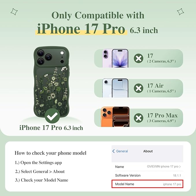 GVIEWIN for iPhone 17 Pro Case Compatible with MagSafe [Curly Wave Edge][Full Camera Protection]Floral Translucent Shockproof Magnetic Women Phone Case for iPhone 17 Pro 6.3'', Floratopia/Forest Green
