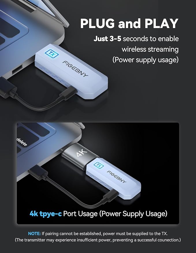 Wireless HDMI Transmitter and Receiver 4K Decode 1080P Output Ultra Low Latency, Plug&Play 2.4G/5G Portable Extender,165FT HD Display Adapter for TV Box/PC/Laptop/Projector/DV/Camera light colour