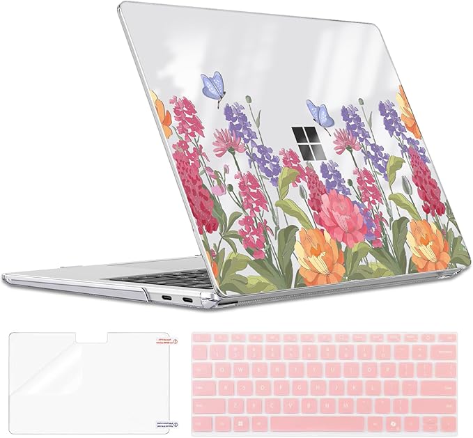 Case for 13 Inch Microsoft Surface Laptop 2025 Release 2095, Lightweight Scratch-Resistant Pattern Plastic Hard Shell Case for Microsoft Surface Laptop 13 2095 Cover, Pink & Purple Flowers