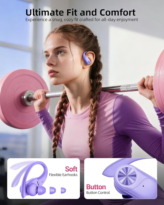 PocBuds Bluetooth Headphones Wireless Earbuds 80hrs Playtime Wireless Charging Case Digital Display Sports Ear buds with Earhook Deep Bass IPX7 Waterproof Over-Ear Earphones for TV Phone Laptop Purple