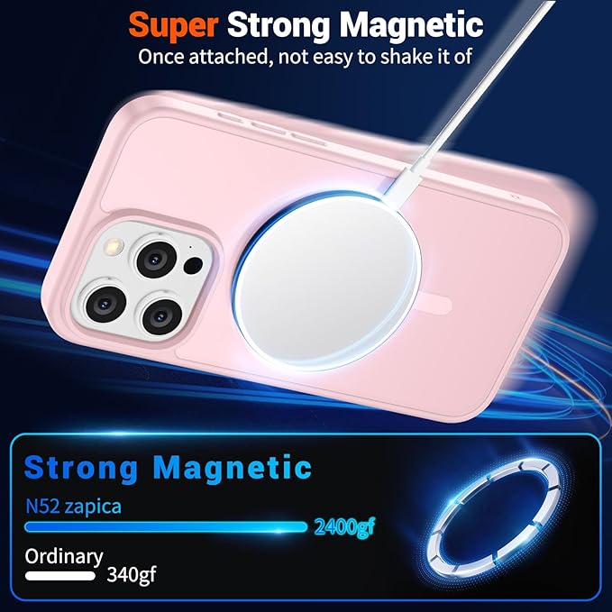 SUPFINE Magnetic for iPhone 15 Pro Max Case (Compatible with MagSafe) (Military Grade Drop Protection) Translucent Matte Shockproof Phone Cover,Light Pink