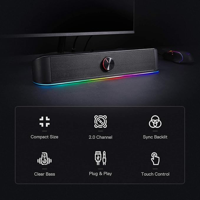 Redragon GS560 RGB Desktop Soundbar, 2.0 Channel Computer Speaker with Dynamic Lighting Bar Audio-Light Sync/Display, Touch-Control Backlit with Volume Knob, USB Powered w/ 3.5mm Cable, Black