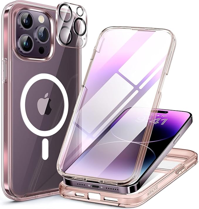 Miracase Magnetic for iPhone 14 Pro Case 6.1 inch, (Compatible with MagSafe) Upgrade Full-Body Clear Phone Bumper Case with Built-in 9H Tempered Glass Screen Protector, Magnetic Clear Pink