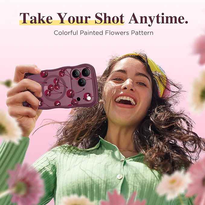 GVIEWIN for iPhone 17 Pro Max Case Compatible with MagSafe [Curly Wave Edge][Full Camera Protection] Floral Translucent Shockproof Magnetic Women Phone Case for 17 Pro Max, Ripe Cherry/Burgundy