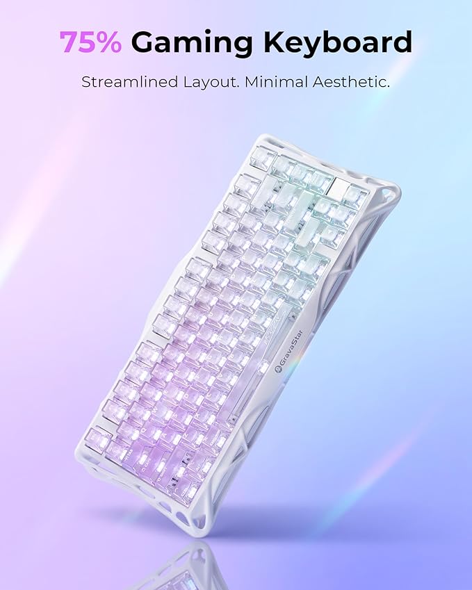 GravaStar Mercury K1 Lite 75% Gaming Keyboard, 2.4GHz/BT/Wired Tri-Mode Wireless Keyboard, Clear Keycaps Gasket Hot Swappable Mechanical Keyboard, Pre-lubed Linear Switches, RGB Backlit-Crystal Aurora