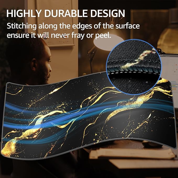 KTRIO Large Gaming Mouse Pad Desk Mat, Superior Micro-Weave Cloth, Non-Slip Rubber Base, Stitched Edges, Water-Resistant, for Gamer, Office & Home, 31.5 x 15.7 Inch， Black Gold