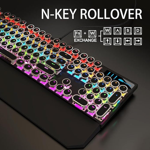 Camiysn Typewriter Style Mechanical Gaming Keyboard, Black Retro Punk Gaming Keyboard with RGB Backlit, 104 Keys Blue Switch Wired Cute Keyboards, Round Keycaps for Windows/Mac/PC