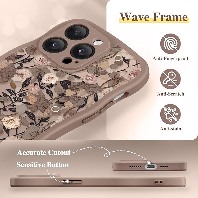 GVIEWIN for iPhone 14 Pro Max Case Compatible with MagSafe [Curly Wave Edge][Full Camera Protection] Floral Translucent Shockproof Magnetic Women Phone Case for 14 Pro Max, Apricot Blossom/Brown