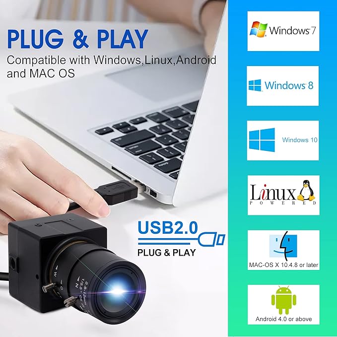 UHD 4K 30fps 2.8-12mm Varifocal Zoom Lens Mini Webcam, Plug and Play, Low Power Consumption USB Camera, Support OPENCV for Windows/Linux/Raspberry Pi/Mac