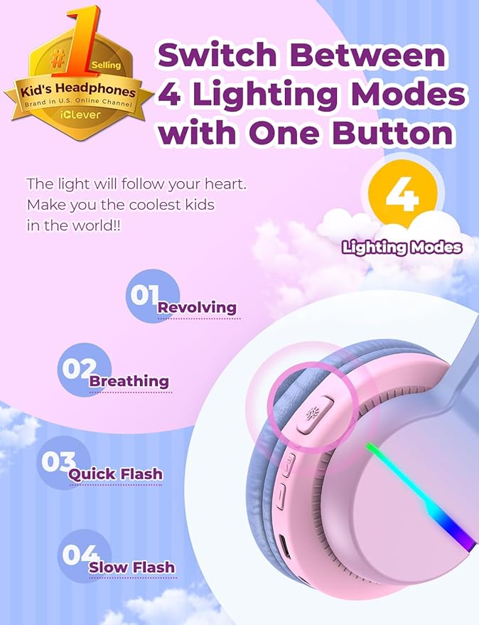 iClever BTH12 Kids Bluetooth Headphones,Colorful LED Lights,74/85dBA Safe Volume,85H Playtime,Fast Charging,Bluetooth 5.2,Over Ear Kids Headphones Wireles for iPad/Tablet/Airplane, Gradient Pink