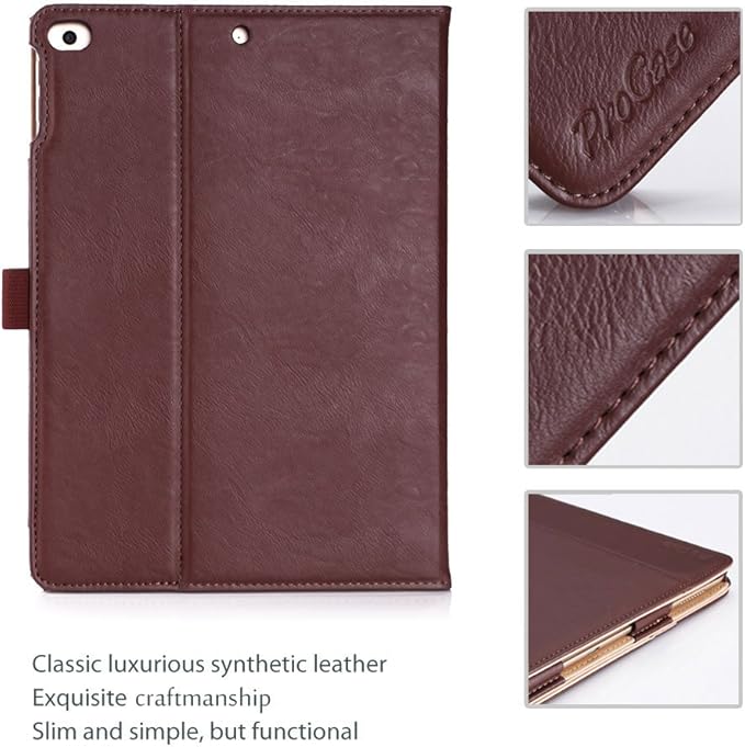 ProCase for iPad 9.7 Inch iPad 6th/5th Generation Case 2018 2017/iPad Air 2/Air 1 Case, Premium PU Leather Folio Corner Protection Multi-Angle Viewing Stand Cover with Front Pocket Pen Loop -Brown