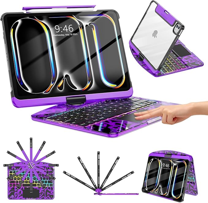 TSQQST Clear Wireless Keyboard Case for iPad Pro 11 Inch (M5/M4) 2025/2024 with Pencil Holder & Multi-Touch Trackpad, Visible PCB, 3-Brightness & 7-Color Backlight, 360° Rotating Stand, Purple