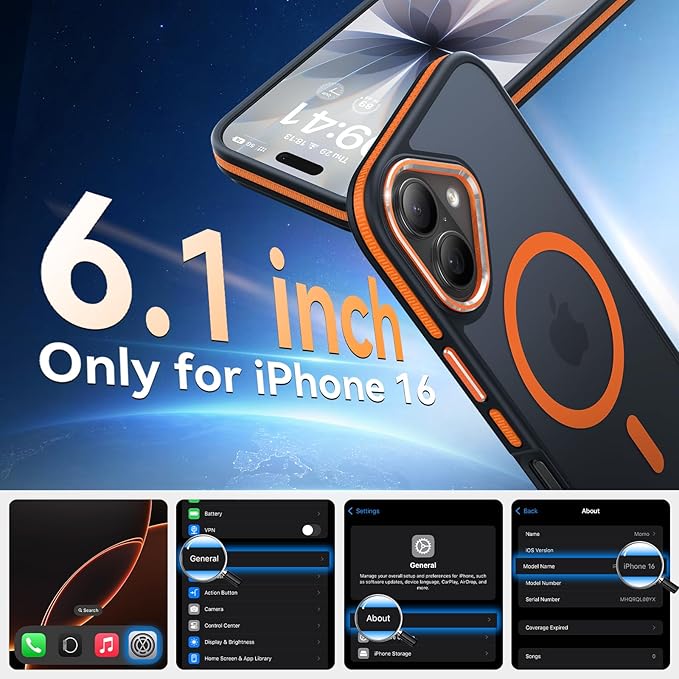 DOMAVER Magnetic 3 in 1 for iPhone 16 Case, [Omni-Directional Protection] with 1x Screen Protector + 1x Camera Cover, [Seamless Work with Magsafe] Protective Silm Case for iPhone 16 Cosmic Orange