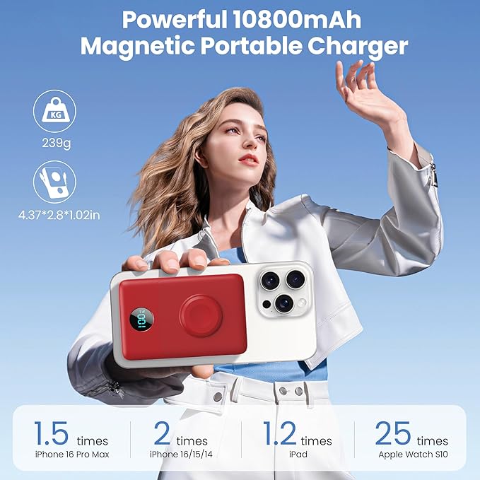 Magnetic Portable Charger for MagSafe with Built-in Cable,iWatch Charger,10800mAh Wireless Power Bank Travel Essentials,25W PD Fast Charging Battery Pack for iPhone 17/16/15/14/13/12,Apple Watch-Red