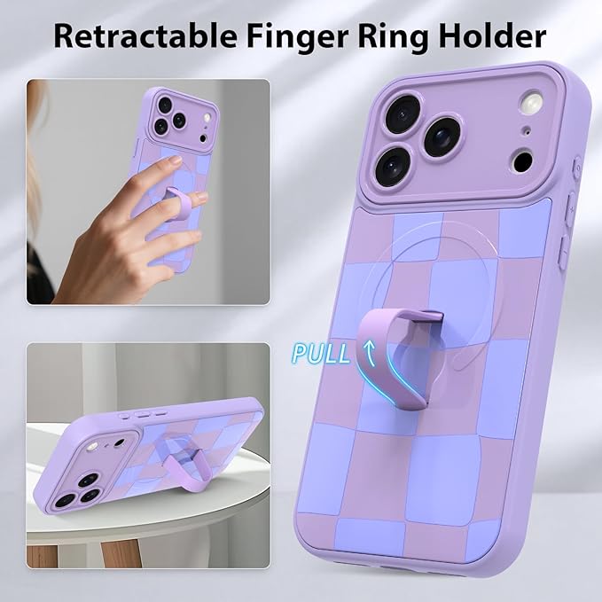 KANGHAR Compatible with iPhone 17 Pro Case, Support for MagSafe, Silicone Checkered Cute Pattern, Wristband Kickstand Camera Protection Soft Slim Cover for Girls Women -Purple