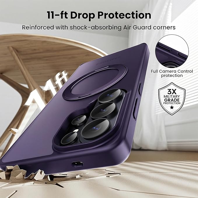 360°Ring Stand for Samsung Galaxy S26 Ultra Case with 1X Screen Protector +1X Camera Cover,Fit for MagSafe, Translucent Matte Cover & Scratch-Resistant Back Cover for Galaxy S26 Ultra 6.9", Purple