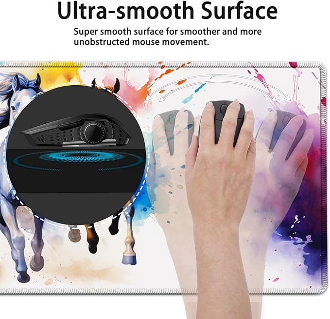 Large Mouse Pad, 31.5 x 11.8in Extended Gaming Mouse Pad with Stitched Edges, XXL Mousepad Protector Non Slip Rubber Base for Office & Home Writing Mat, Watercolor Horse Running Pattern White Desk Mat