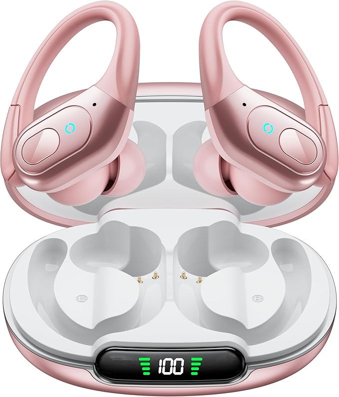 occiam Active Noise Cancelling Earbuds Wireless Bluetooth Headphones Ear Buds 90Hrs Playback Stereo Bass Earphones with Mic Over-Ear Hooks IPX7 Waterproof Headset for Work Sports (Rose Gold)