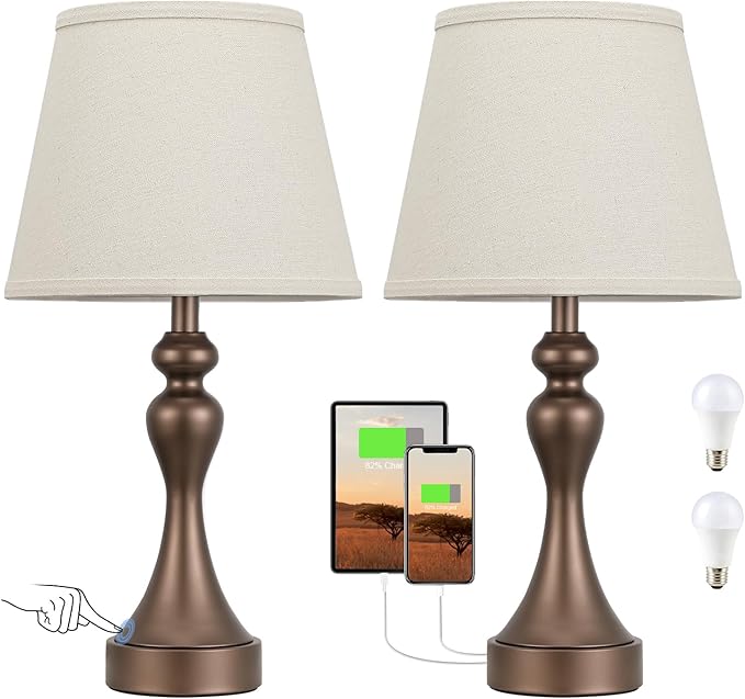 Seealle Touch Lamps for Nightstand - Bedside Lamps Set of 2, 3 Way Dimmable, USB C+A for Bedroom & End Tables (Brown&Oat)