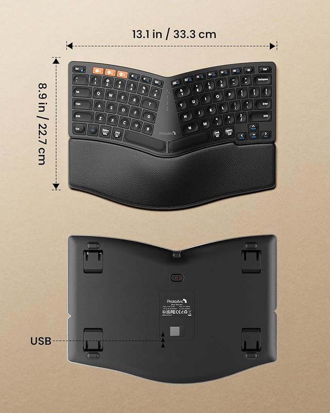ProtoArc Bluetooth Ergonomic Keyboard, EK04 Mini Compact Wireless Ergonomic Keyboard, Hard Palm Rest, Multi-Device, Split Design, Rechargeable, Compatible with Windows, Mac OS - Black