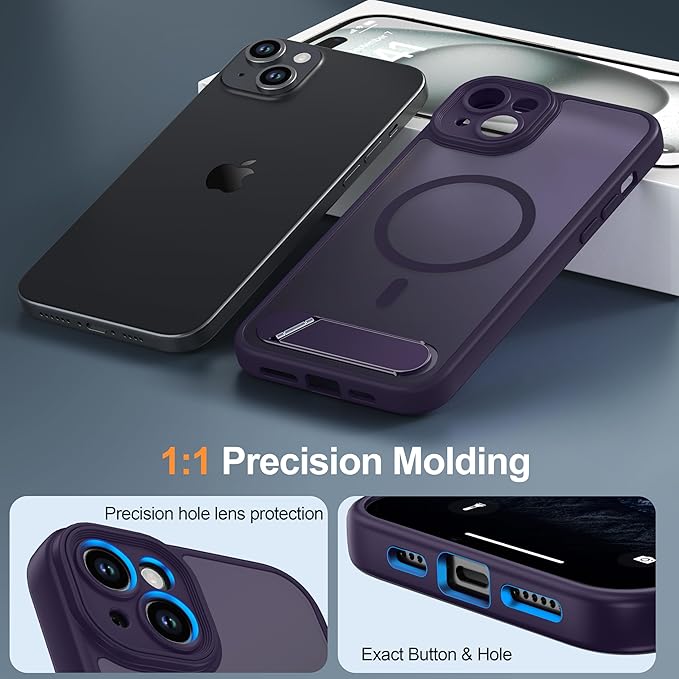 Magnetic Compatible with iPhone 15 Plus Case, [Built-in Kickstand][Full Camera Protection][Compatible with MagSafe][Anti-Fingerprint] Shockproof Phone Case for iPhone 15 Plus 6.7",Purple