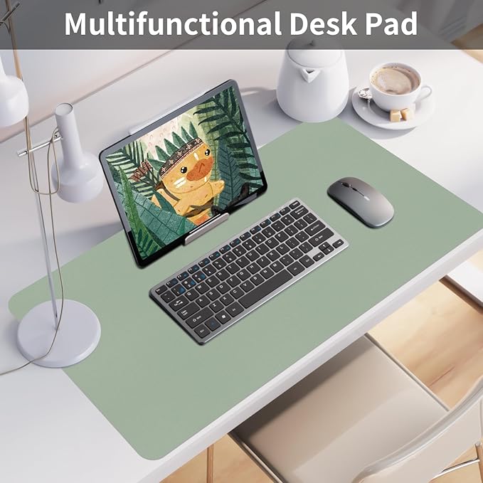Bloss Leather Desk Mat, Large Mouse Pad, Non-Slip Desk Protector Mat, Leather Desk Blotter, Waterproof Desk Pad for Office Home Decor/Grey Green(35.4×15.7 Inches)