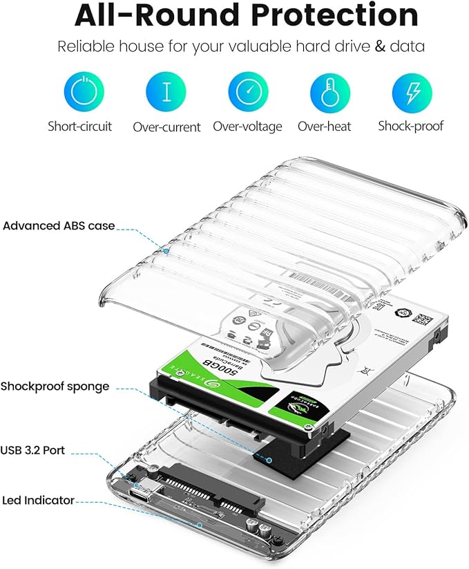 ORICO 2.5 inch Hard Drive Enclosure USB C to SATA III 5Gbps Clear External Hard Drive Case for All 7mm 9.5mm 2.5 inch SATA SSD HDD Up to 6TB, Tool-Free, Support USB 3.0 UASP (2139C3)