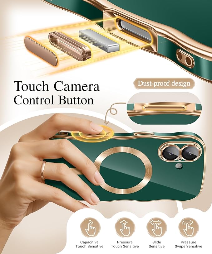 GVIEWIN for iPhone 17 Case Compatible with MagSafe, Upgraded [Full Camera Protection][Cute Wave Frame][Military Grade Protection] Electroplated Hard Phone Cover for Women Girl, Green