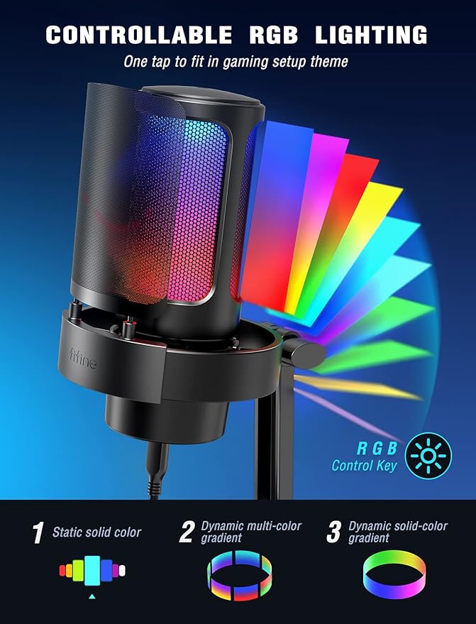 FIFINE Gaming Microphone, USB PC Mic for Streaming, Podcasts, Recording, Condenser Computer Desktop Mic on Mac, with RGB Control, Mute Touch, Headphone Jack, Pop Filter, Stand-AmpliGame A8