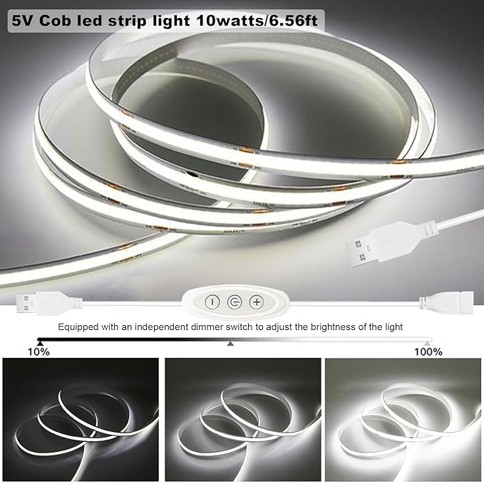 5V COB LED Strip Lights USB Powered Dimmable 6500K White CRI93+ 6 ft Dotless LED Tape Light with Dimmer, Flexible Cuttable COB Strips for Sewing Machine 3D Printer Desk TV DIY Cabinet Lighting