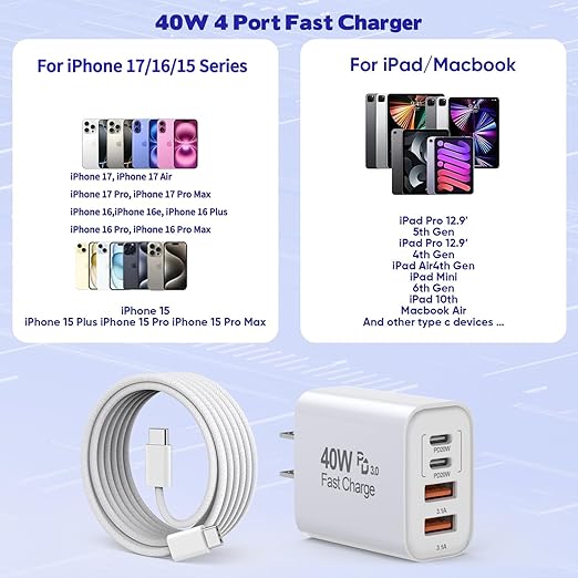 2Pack iPhone 17/16/15 Pro Max USB C to C Woven Cable Cord,PD 40W Type C Apple Charger 4 Port Wall Plug with 3FT USB C-C Fast Charging Woven Cord for iPhone 17 Air/16e/17/16/15/15 Plus/Pro/Pro Max/iPad