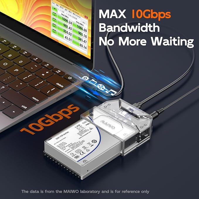 MAIWO U.2 NVMe SSD Enclosure, USB-C to U.2(SFF-8639) Adapter, External 2.5'' U.2 Enclosure, Tool Free, Clear, 12V/3A Power Supply Included, with Indicator Light