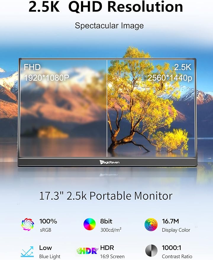 MAGICRAVEN 2.5K Portable Monitor, 17.3" QHD IPS Laptop Screen, VESA USB C HDMI Second Computer Gaming Display with 2 Speakers, Travel Monitor for MacBook Phone PS4/5 PC Phone Xbox Switch