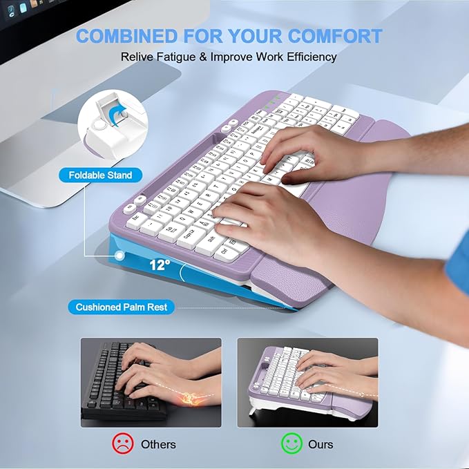 Ergonomic Wireless Keyboard with Cushioned Wrist Rest, Wave Keys, Phone Holder, Comfortable Natural Typing, 2.4GHz Full Size Cordless USB Computer Keyboard for Windows, Mac OS, Laptop, PC (Purple)