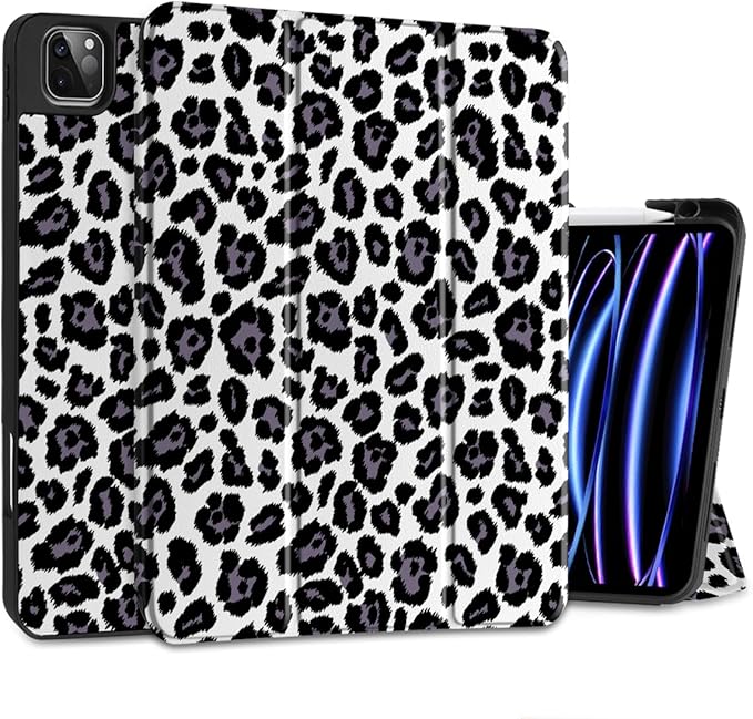 MEEgoodo for iPad Pro 12.9 Case M2 6th/5th/4th/3rd Generation 2022 2021 2020 2018 with Pencil Holder, Tablet Cover with Soft TPU Back Shell, Snow Leopard Texture