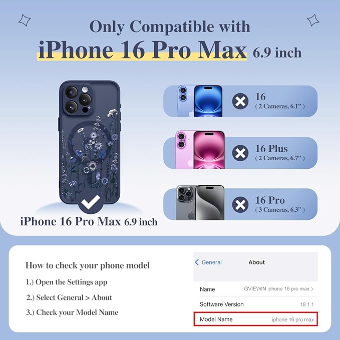 GVIEWIN for iPhone 16 Pro Max Case Compatible with MagSafe, [Military Grade Protection] [Screen Protector] Full Camera Protection Floral Translucent Women Magnetic Phone Case, Floratopia/Blue