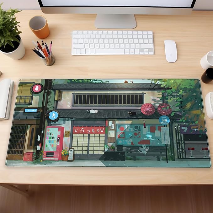 Kawaii Anime Cat Gaming Desk Mat Pad XL Large Mouse Pad (31.5"x15.7") Mouse & Keyboard Desk Pad with Stitched Edge, Vibrant Green Design for Home Office & Computer Gaming Setup