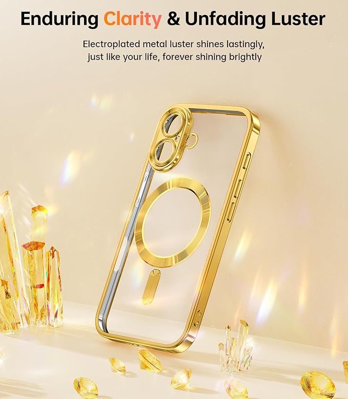 Meifigno Case Designed for iPhone 16 6.1 inch, [Compatible with MagSafe] [2X Screen Protectors] [Glitter Card & Wrist Strap] Surround Lens Protection Designed for iPhone 16 Case Girls, Gold