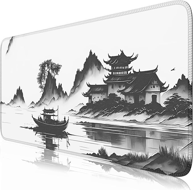 Chinoiserie Mouse Pad Black White Large Ink Painting Desk Mat Landscape XXL Large Gaming Mouse Mat for Office,Computer,Keyboard,Laptop and Home Desk Mat 31.5 X 15.7inch