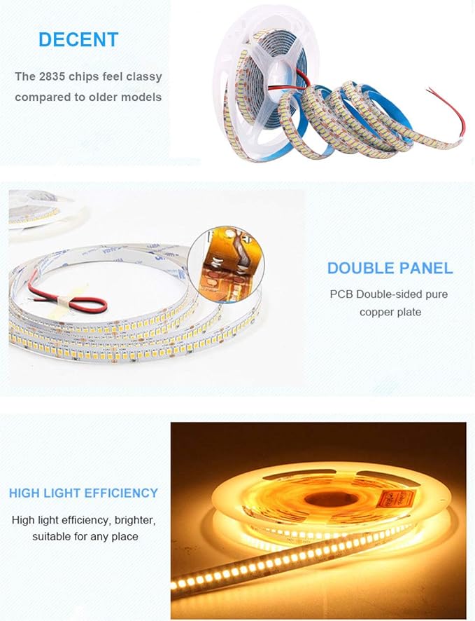 SUYOOULIN LED Strip Lights, SMD 2835 LED Strip Warm White 3000K, DC12V 1200LEDs 16.4Ft 26000LM High Density LED Light Strips Non-Waterproof, 3 Times Brightness Than SMD3528 LED Strip