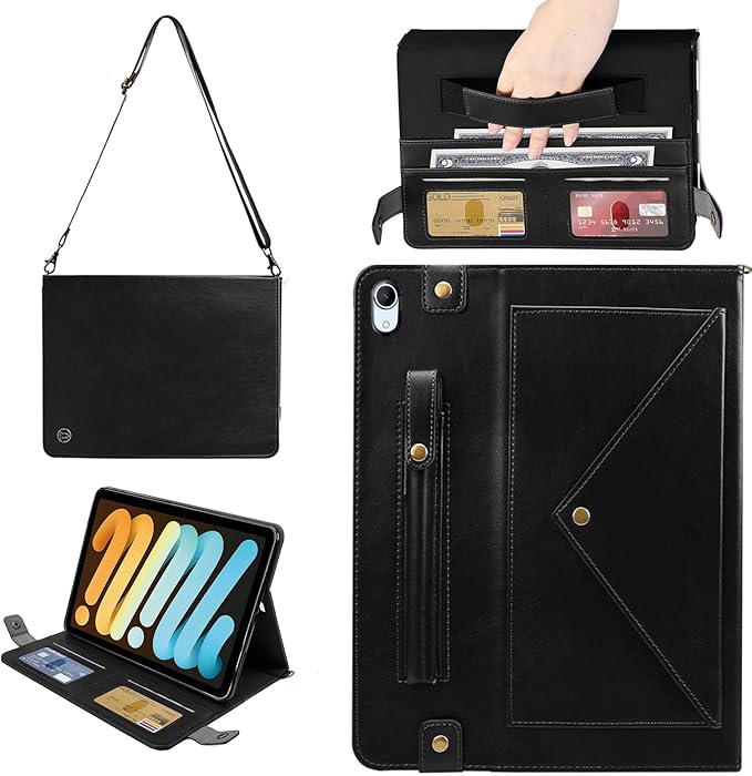 Handbag Case for iPad mini 7 2024 8.3" / Mini 6 2021, Techcircle Folio Stand PU Leather Crossbody iPad mini Cover with Hand Strap+Shoulder Strap, Multi-Card Slots Envelope Pocket Wallet Case, Black