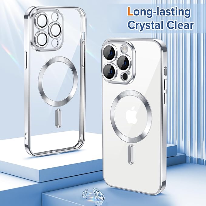 Hython Magnetic Clear for iPhone 12 Pro Case with Camera Lens Protector [Compatible with MagSafe] Luxury Plating Edge Slim Soft TPU Cover Protective Phone Case for iPhone 12 Pro 6.1", Silver